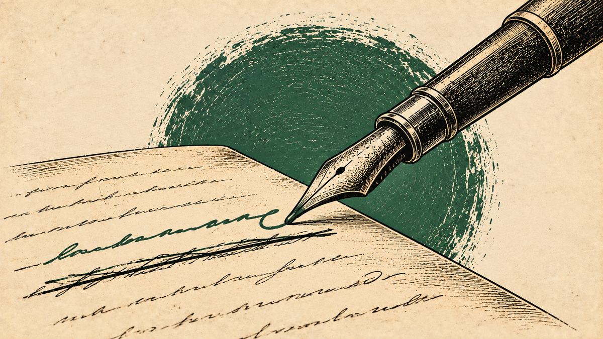 Woodcut image of a fountain pen with green ink correcting a handwritten page.