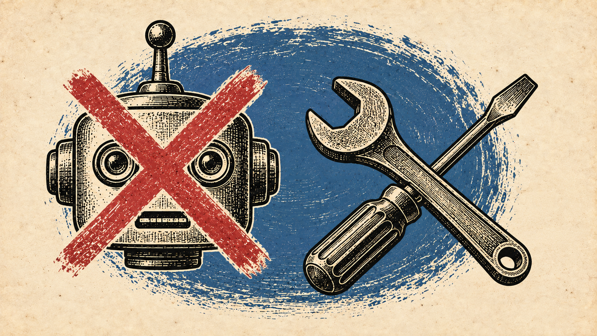 Wood cut image of a robot head with a red X through it on the left. On the right a wrench and a screwdriver crossed over each other. AI is a tool in family history, not a collaborator