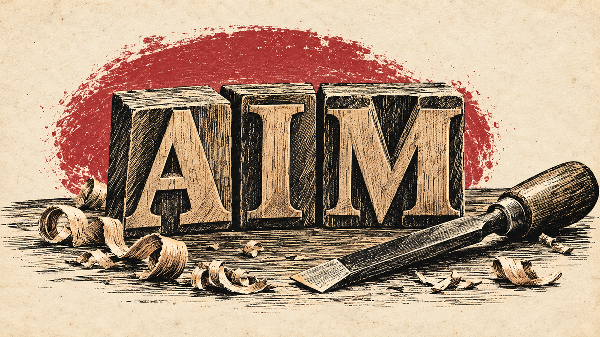 Three woodcut letter blocks of the letters AIM with a wood chisel and shavings in front of it.