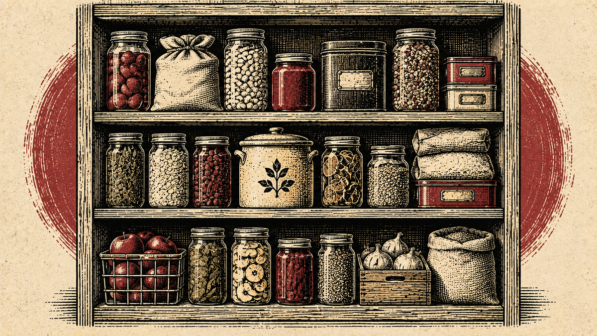 A wood cut image of a kitchen pantry shelf, well stocked, with jars, tins, sacks