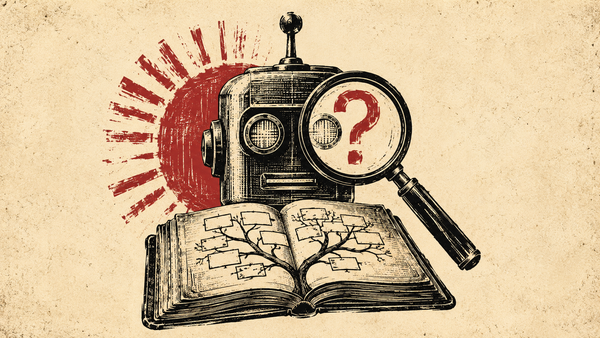 Wood cut design of a robot examining a family history book with a magnifying glass.