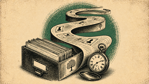 Wood cut image of with a box of family records and a ever expanding research list rolling into the sunset.