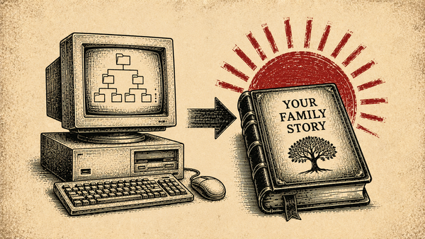 Wood cut image of a computer with a family tree on the screen, then an arrow, then a family history book on the right.