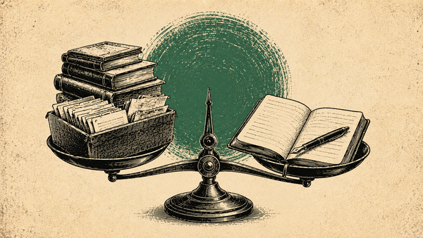 Wood cut image of a balance scale with a card file and books on the left and open book with a pen on the right.