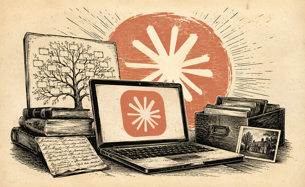 Wood cut image of laptop showing Claude logo surrounded by books and box of photos.