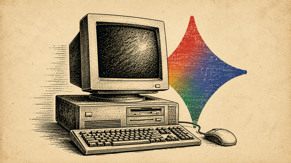Wood cut image of a computer with the Google Gemini logo next to it.