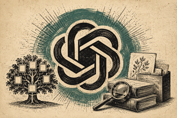 Wood cut image showing a family tree and stack of books with the ChatGPT logo in the background.