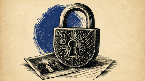 Wood cut image of a 19th century lock sitting on top of a family photo and a handwritten letter