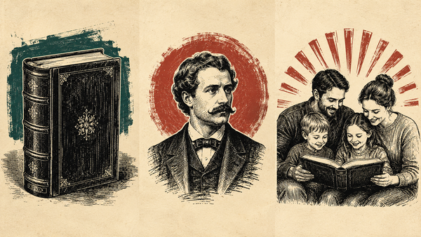 Wood cut images of a vintage book, a victorian man with a mustache, and a modern family of 4 gathering around reading a book together.