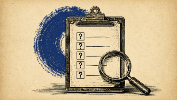 Wood cut image of a clip board with five question marks with a magnifying glass laying on top