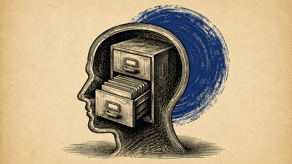 Wood cut image of a human head with a filing cabinet coming out of it.