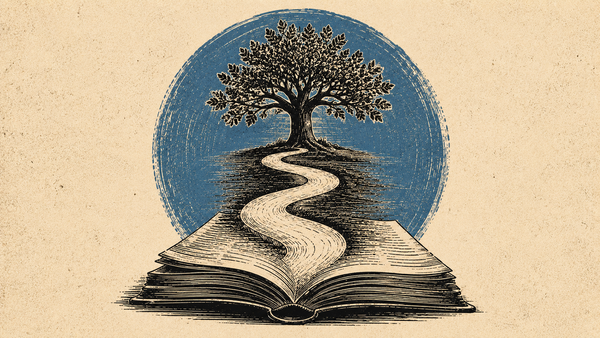 Woodcut image of a open book with a path leading to a tree with leaves on it. 