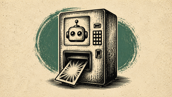 Wood cut image of a retro vending machine with a robot face on it and a card coming out of the slot at the bottom.