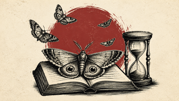 Wood cut image of a moth on top of an open book with an hourglass sitting beside it.