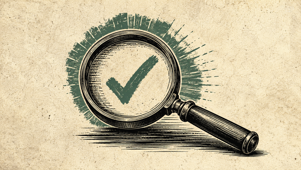 Wood cut image of a magnifying class with a check mark in the middle.