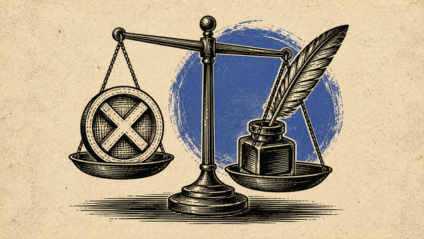 Wood cut image of a balance scale with an X on one side and a ink well with a quill on the other.
