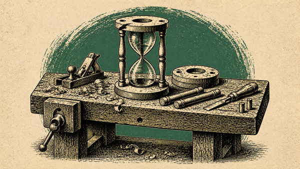 Woodcut of a workbench holding an unfinished hourglass and a scatter of shavings — the Making Process is the record of how a family history got written.