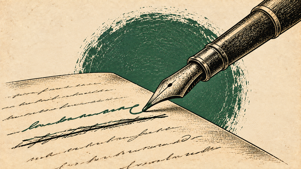 Woodcut image of a fountain pen with green ink correcting a handwritten page.