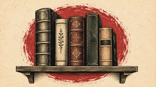 Woodcut image of five books sitting on a shelf, each with a different cover and design.
