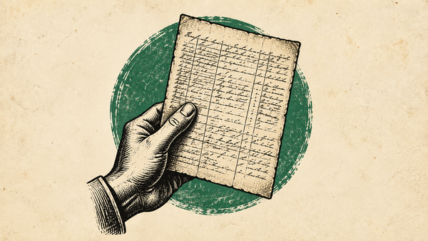 Woodcut image of a hand holding a historical document.