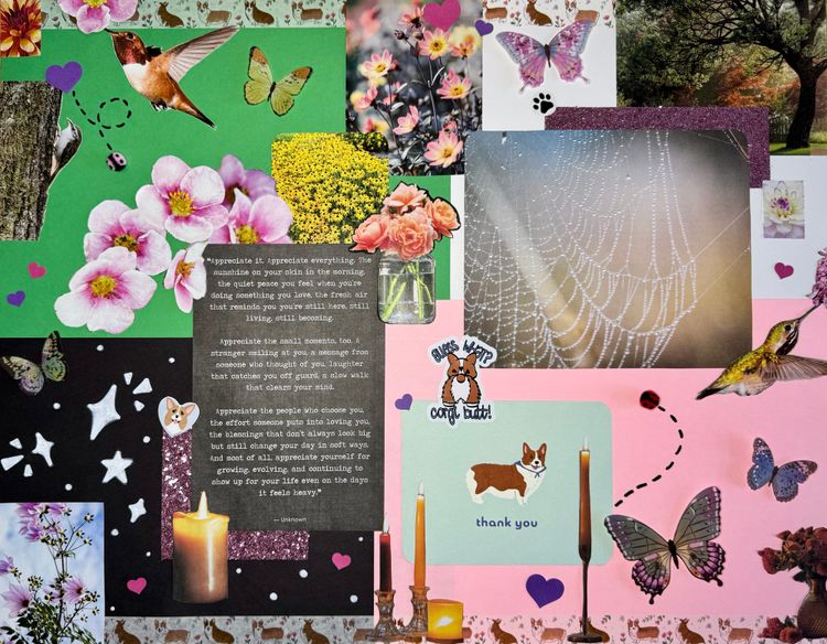 A collage with cutout images of flowers, hummingbirds, candles, and more.
