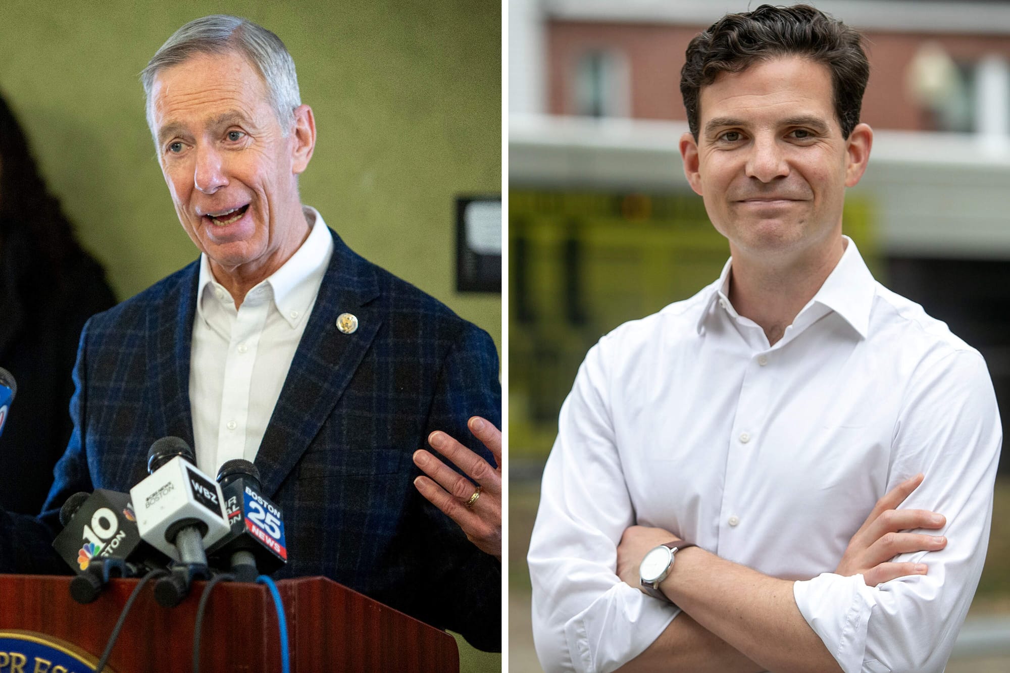 Side-by-side photos show an older man in a dark blazer speaking at a podium surrounded by news microphones, left, and a younger man in a white button-down shirt standing outdoors with his arms crossed, right.
