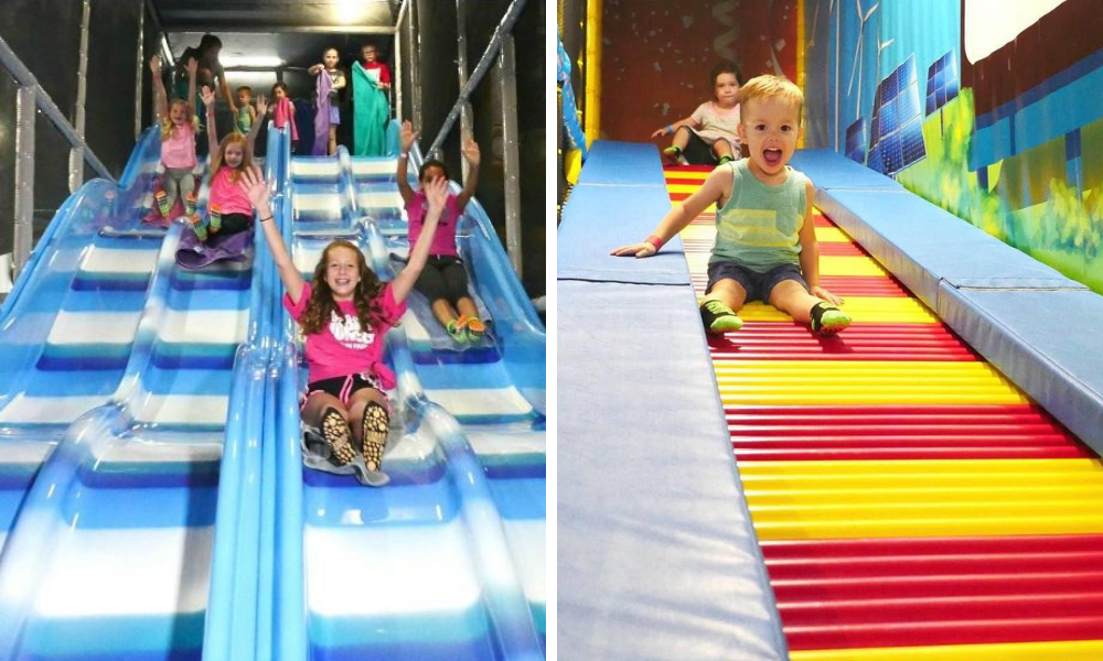 Kids playing on slides at Uptown Jungle in Mesa, AZ