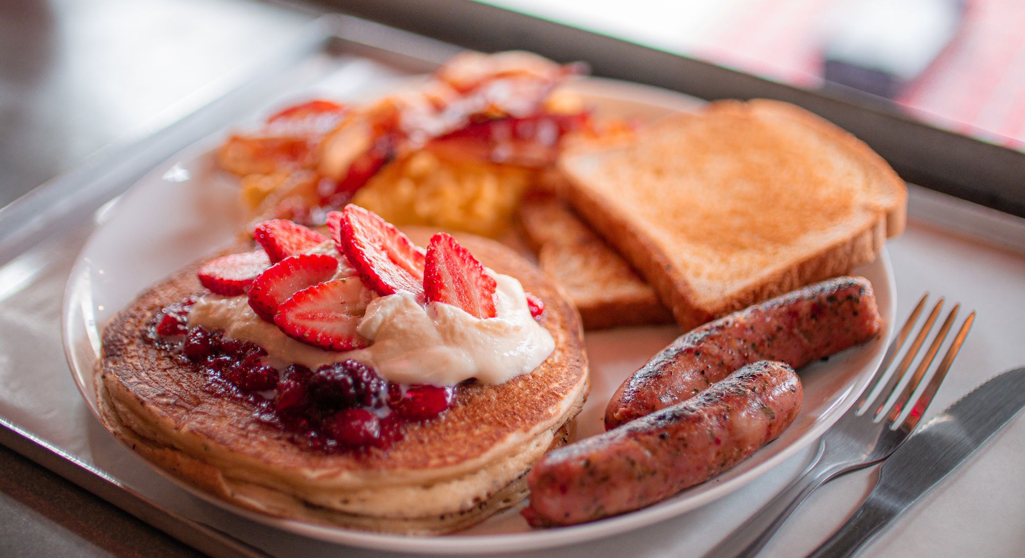 pancakes, toast and eggs for breakfast and brunch