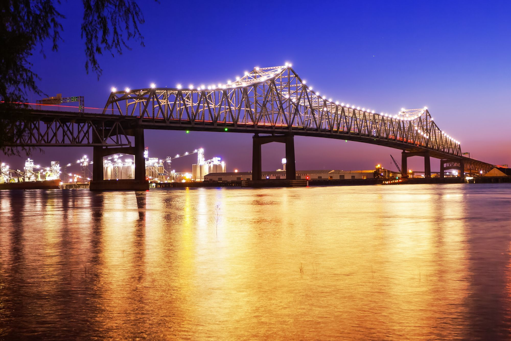 Horace Wilkinson Bridge in Baton Rouge, Louisiana illuminated at nighttime