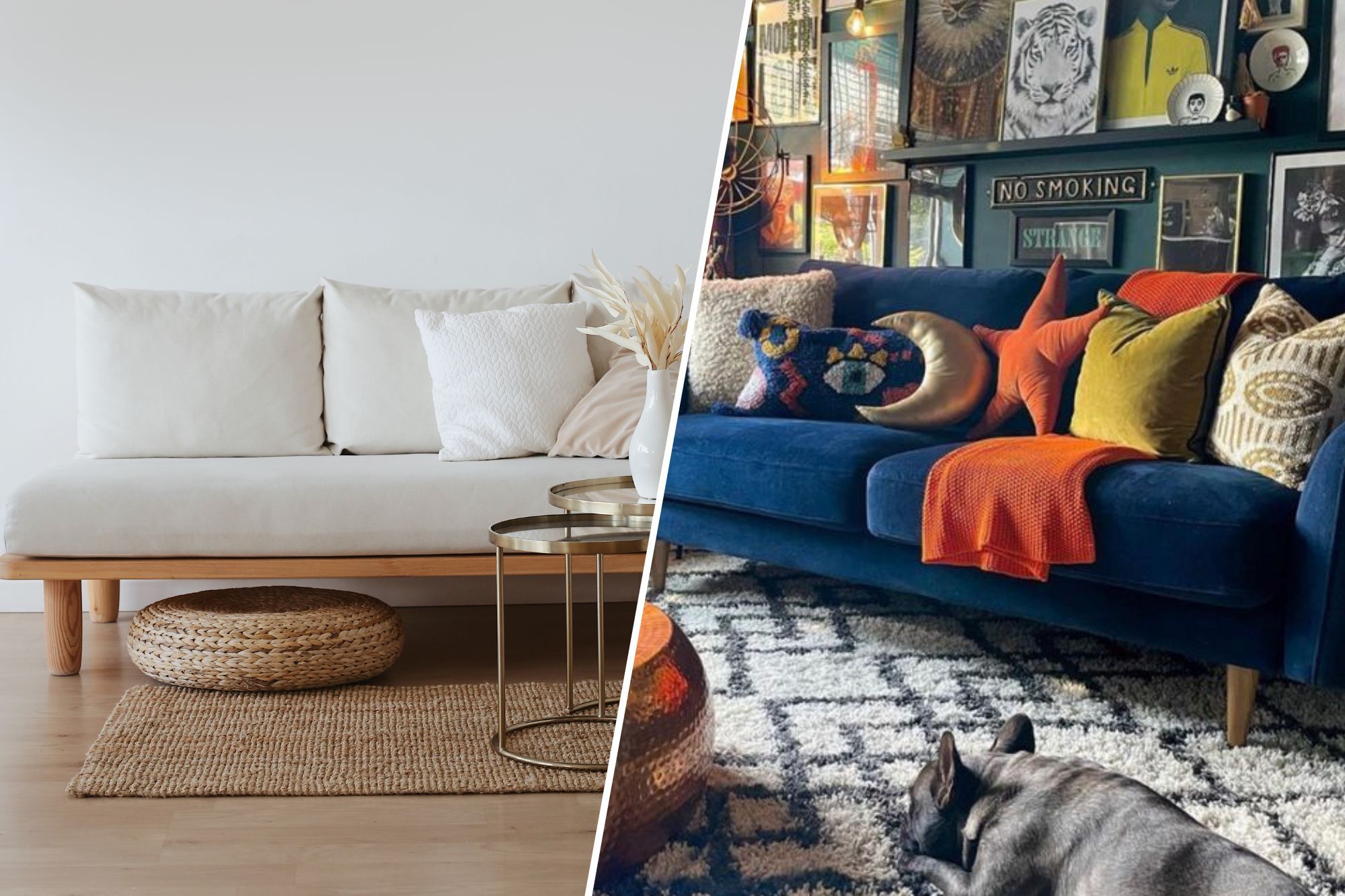 A split image, featuring a living room on the left in minimalist decor and living room on the right in maximalist decor