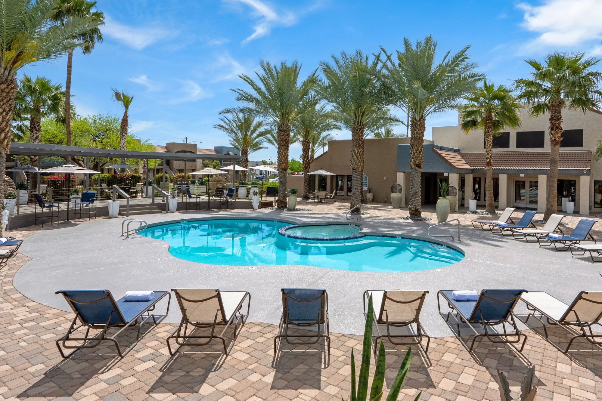 A pool surrounded by ample loungers at the apartment community, Level 550 in Mesa, Arizona