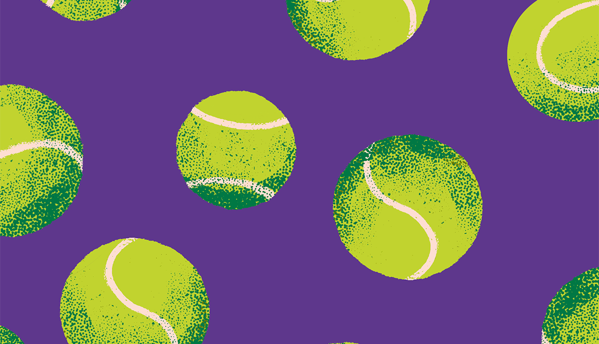 Tennis ball artwork with the color of Wimbledon purple in the background.
