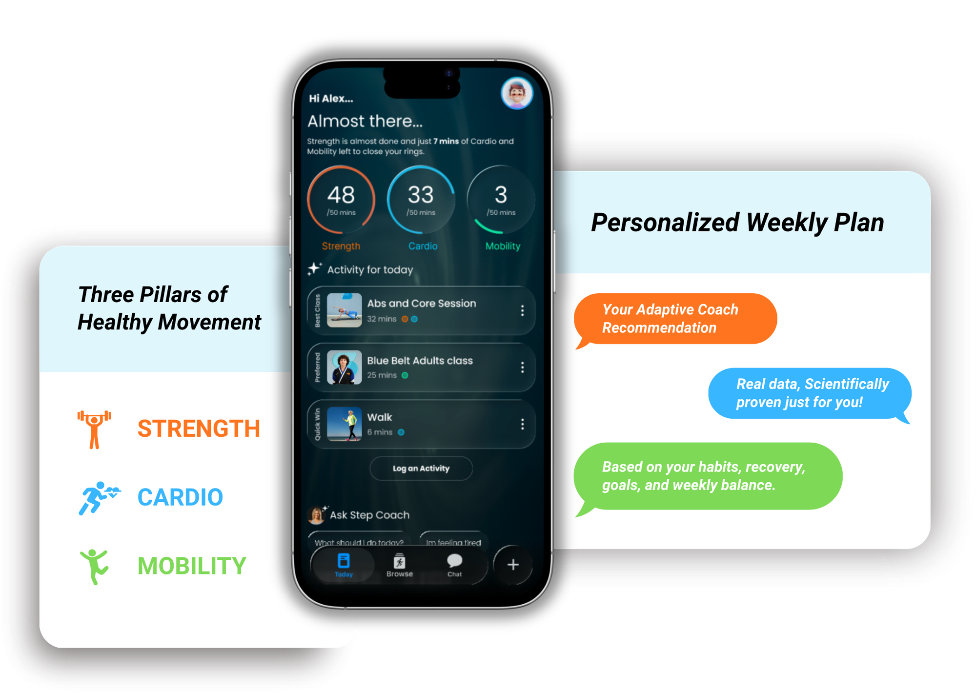 Step app showing adaptive one-tap workout recommendation