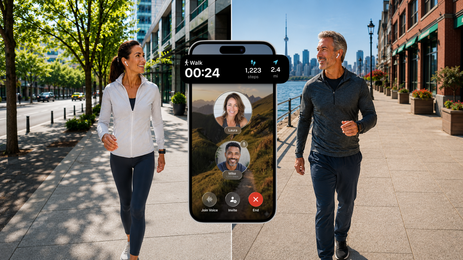 Adults using Step.co Walk and Talk while walking in different locations