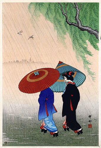Ohara Koson’s “Two Beauties in Rain,” 1935. WikiArt. Public Domain. 