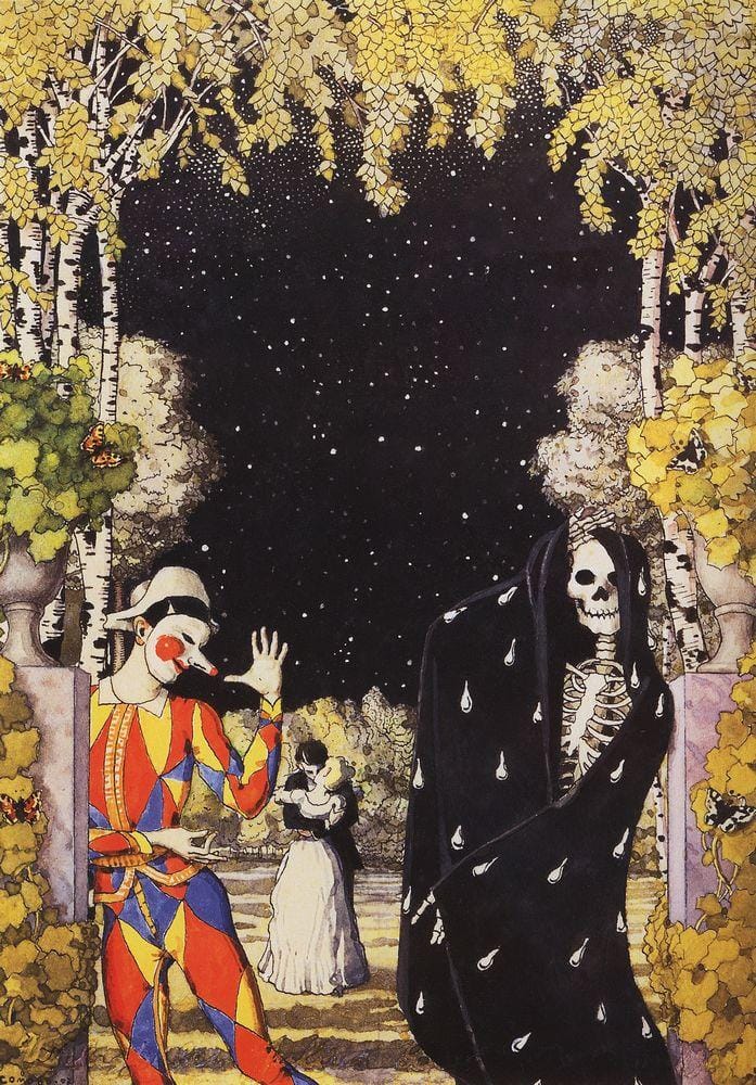 Konstantin Somov's "Harlequin and Death," 1907. WikiArt. Public Domain.