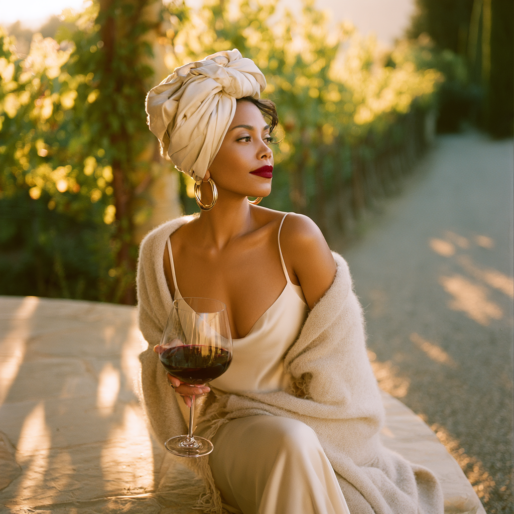 woman in ivory silk in a Napa vineyard at golden hour