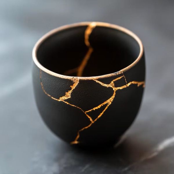 Broken black vessel repaired with goald (Kintsugi).