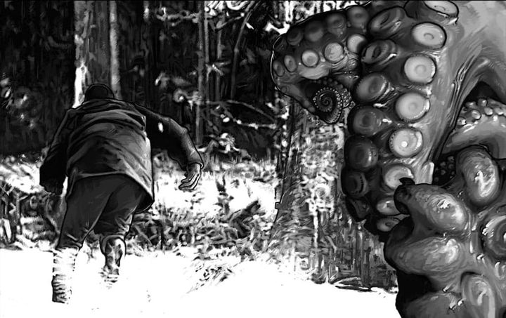 A man flees in the woods, roiling tentacles in the foreground.