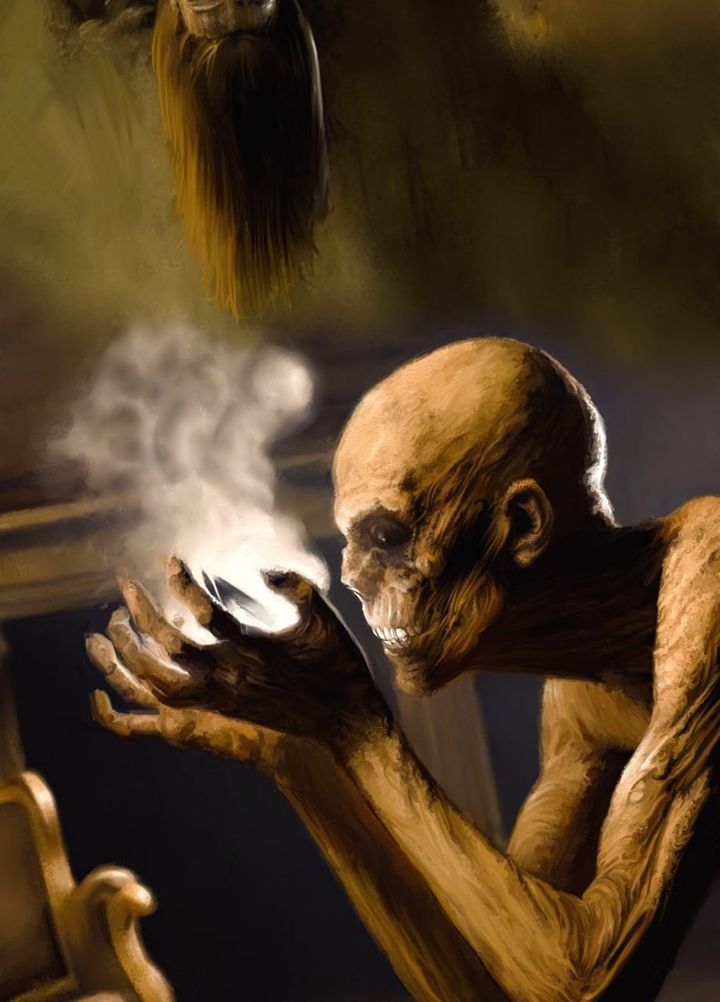 Corpse with glowing white smoke rising from whatever is cupped in its praying hands. A dead woman in the background has fused with the wall.