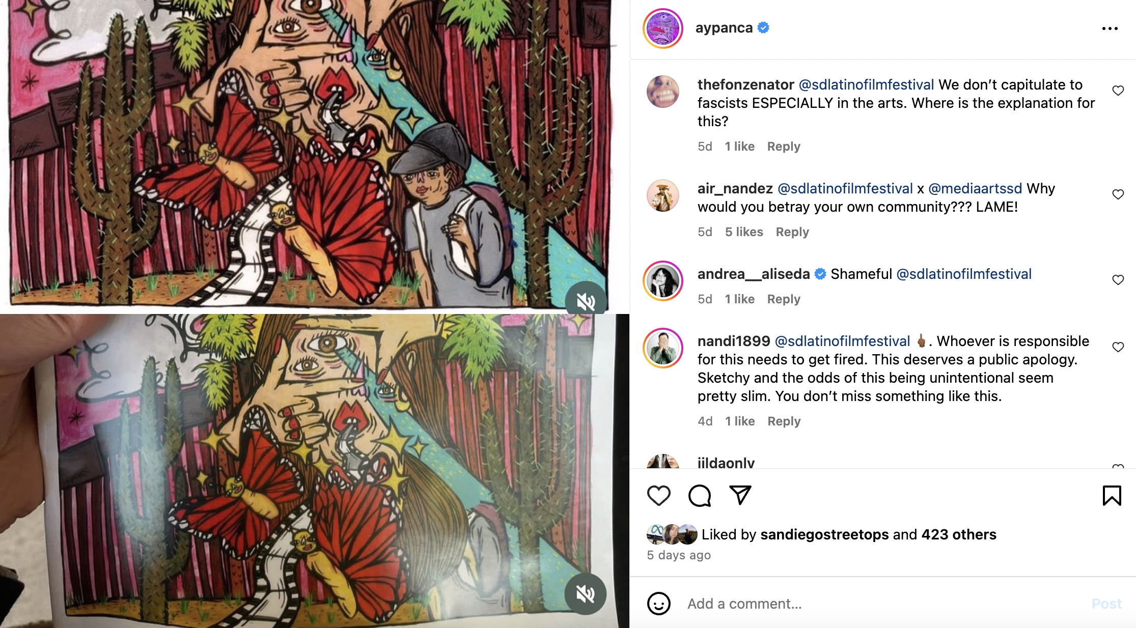 Screenshot of an Instagram post that shows a drawing of a person wearing a backpack, butterflies a Cactus a person with a third eye with a beam of light coming out of it alongside an image where the person's head is removed and comments from other users on the right handside of the frame.