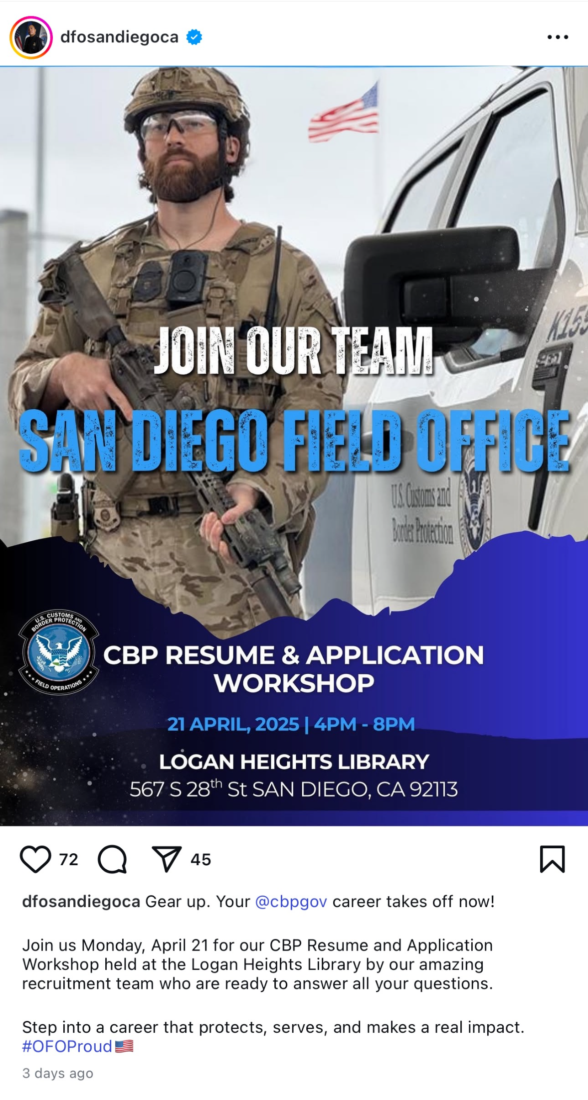 An Instagram post from account dfosandiegoca with a flyer for a CBP recruiting workshop