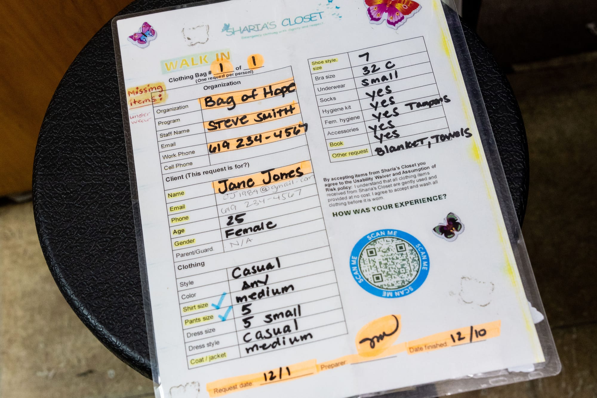 A form shows an example of how to fill out the various categories to request clothing