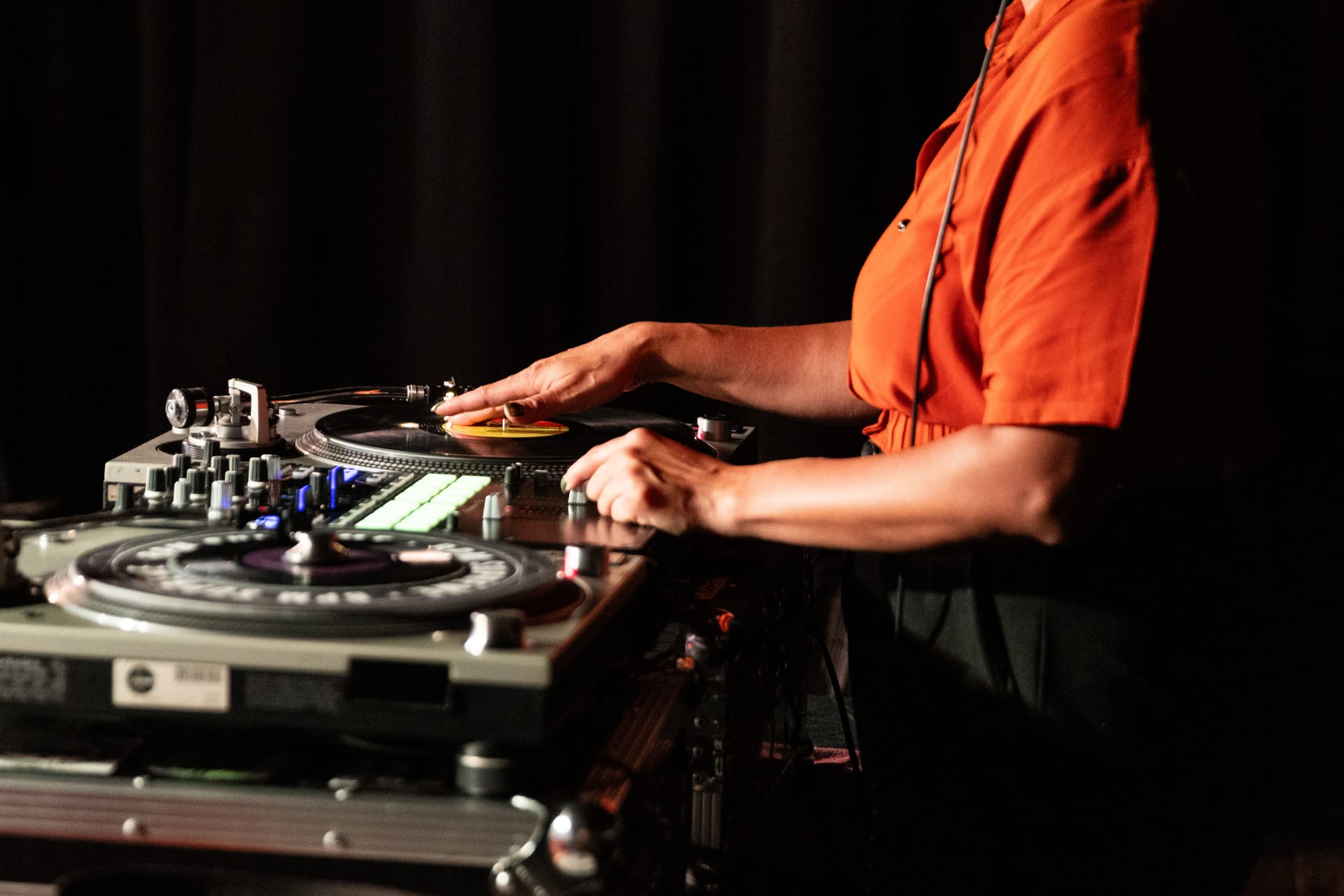 Closeup of someone spinning records