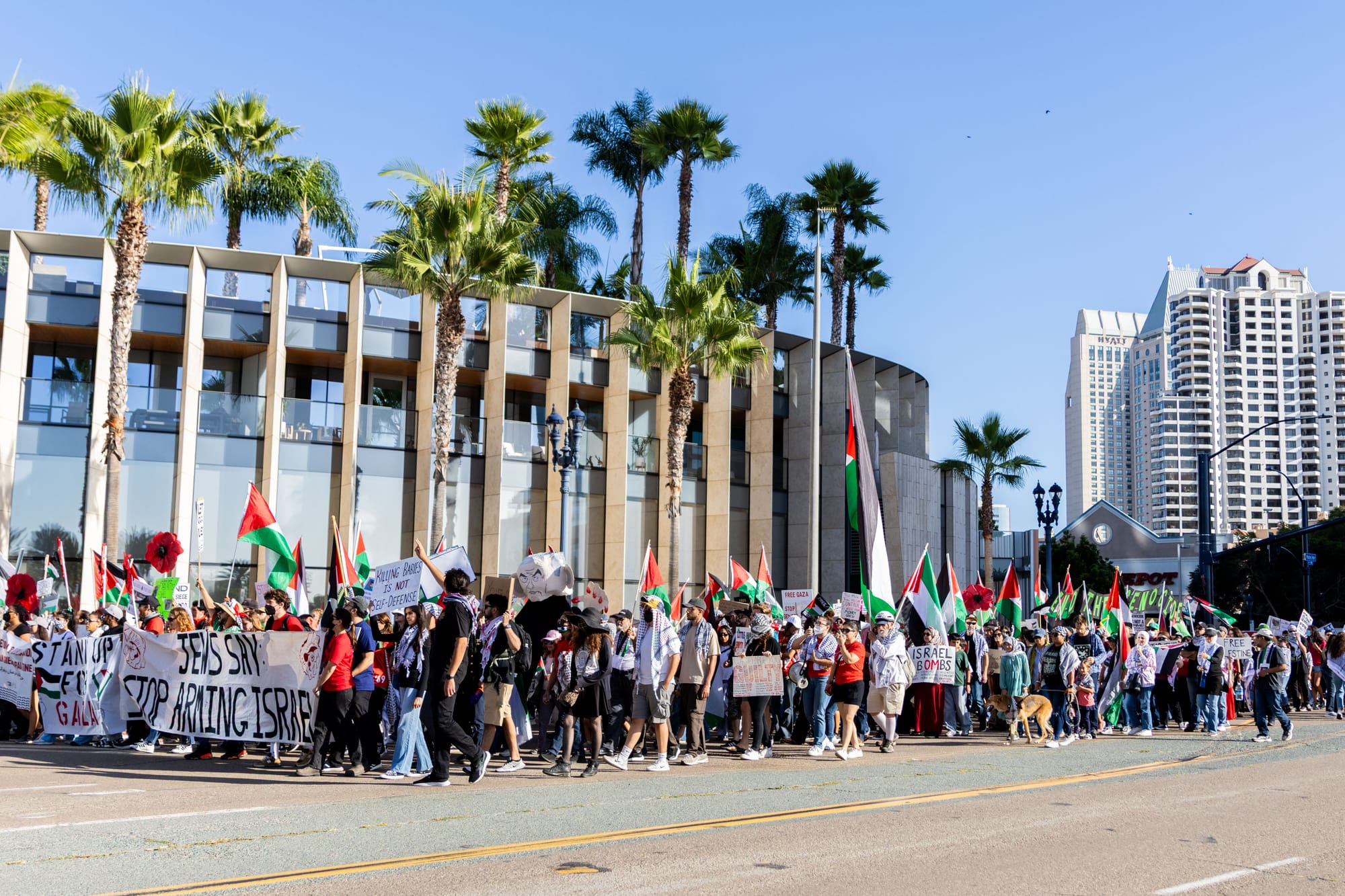 Hundreds march holding palestinian flags and signs, including one that reads "Jews say stop arming Israel."