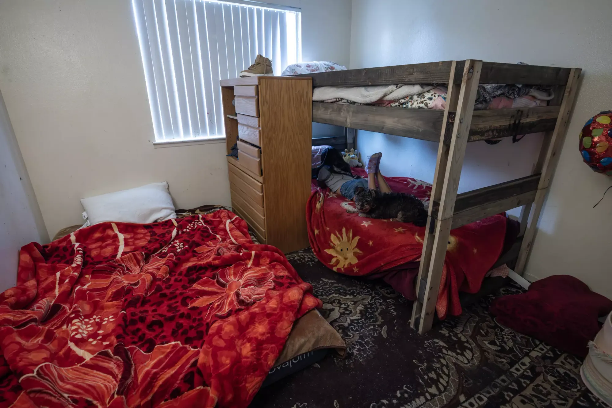 A small room has two bunk beds and a third bed on the ground