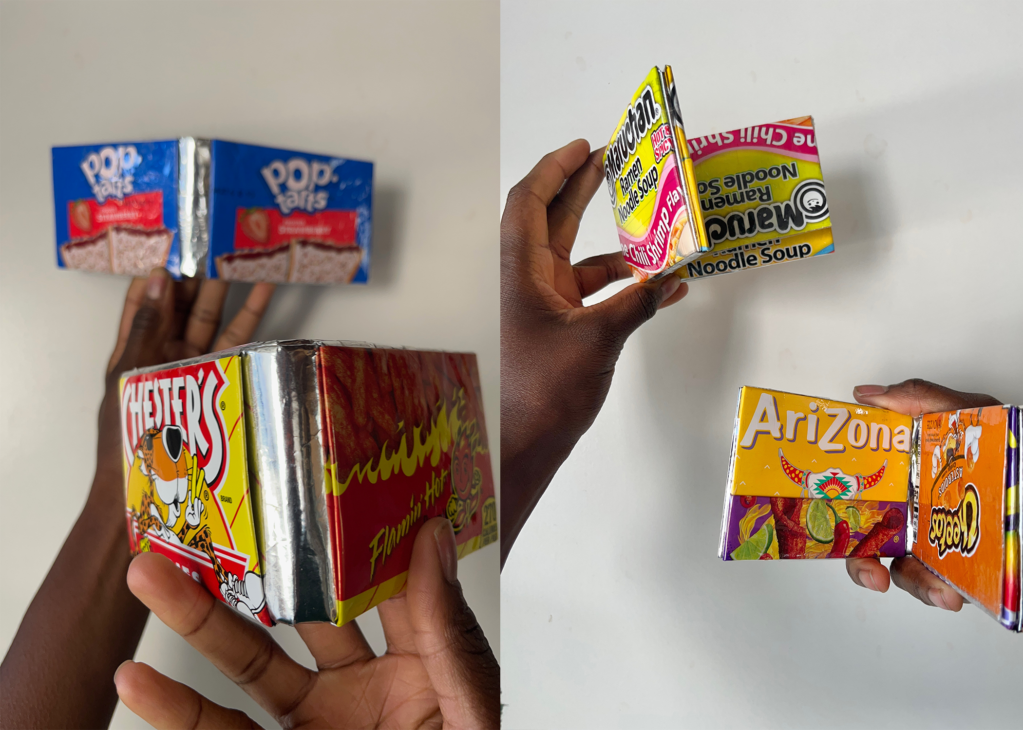 Hands hold folded wallets with Poptarts, Hot Cheetos, Arizona Tea and Maruchan logos