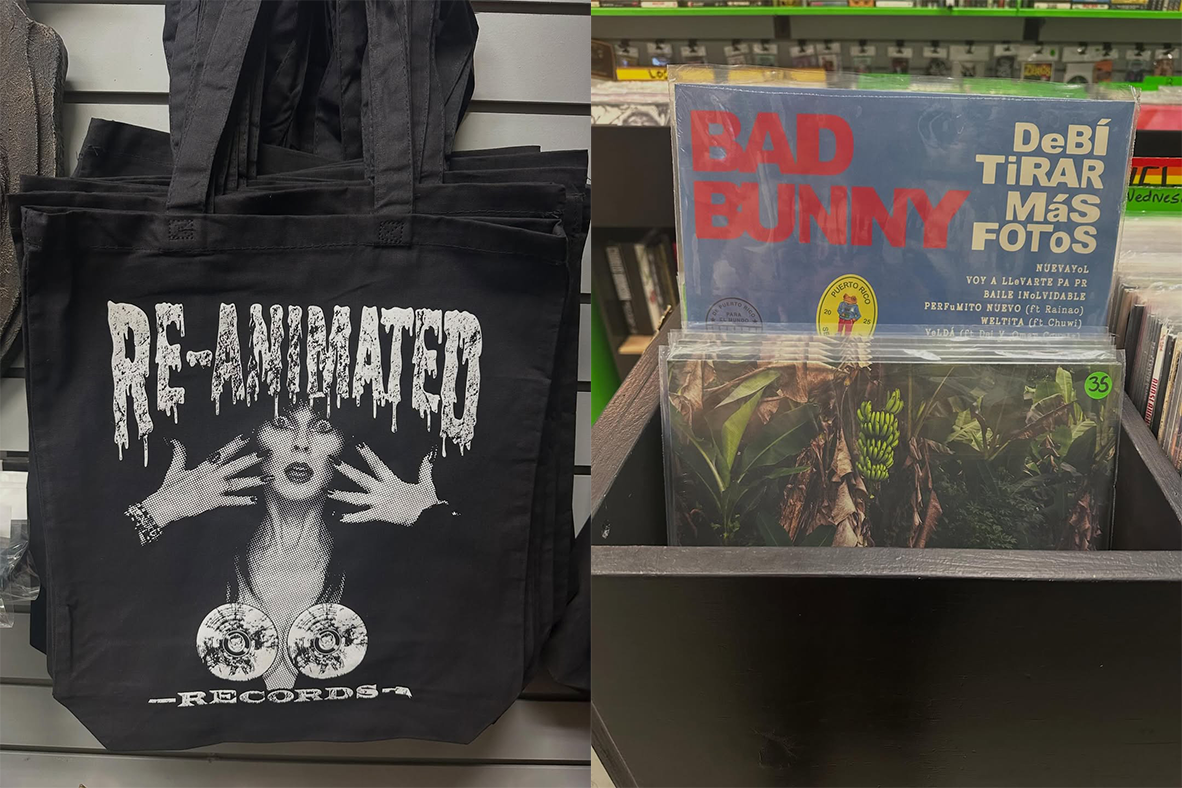 Two images, on the left tote bags with Re-Animated and a terrified woman's face and on the right a Bad Bunny record in a bin