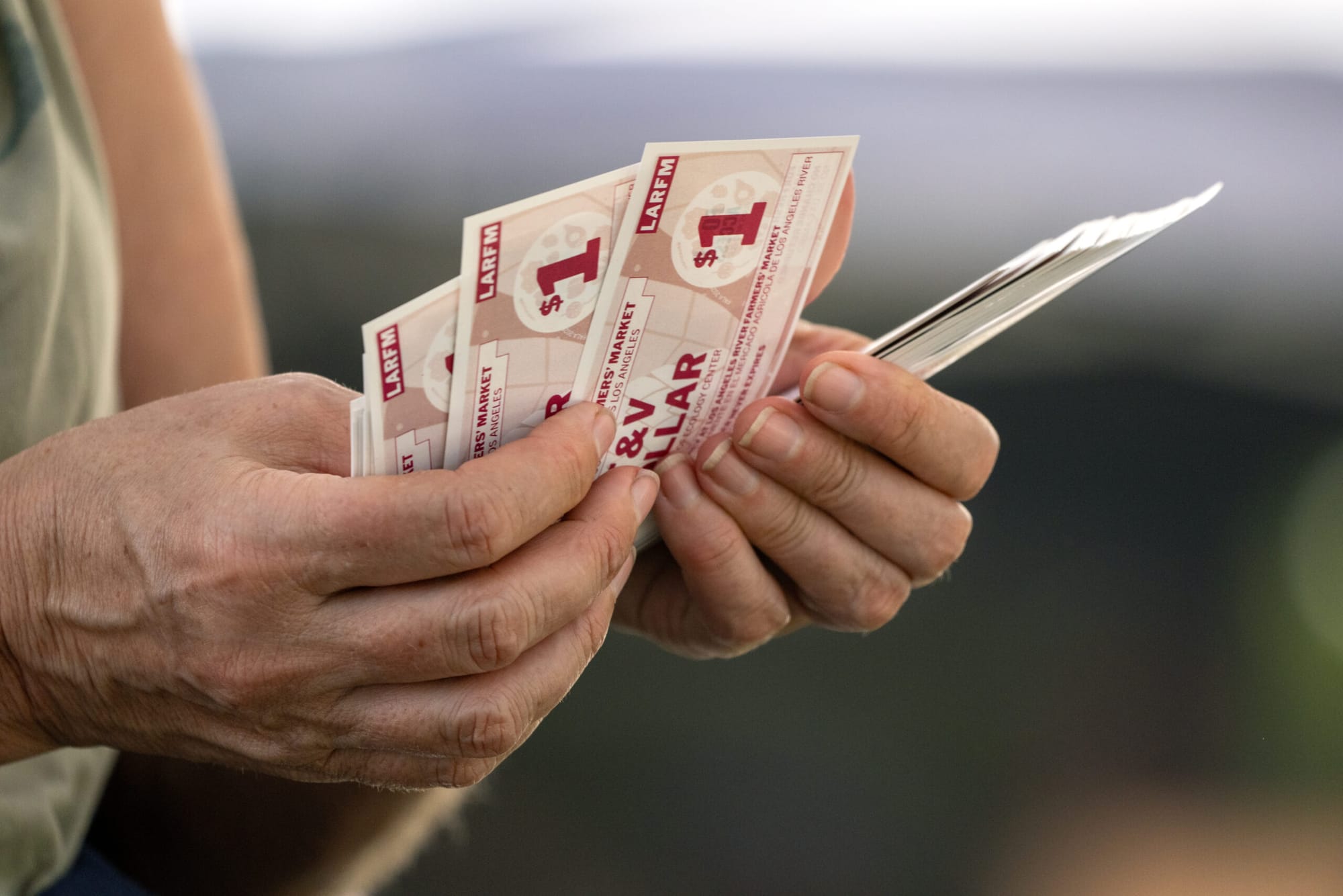 Close up of hands holding market match dollars