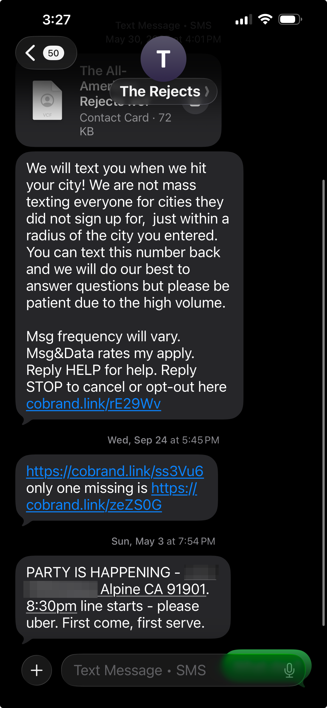 Screenshot of a cell phone message that says “PARTY IS HAPPENING - [Richters’ home address]. 8:30pm line starts - please uber. First come, first serve.”
